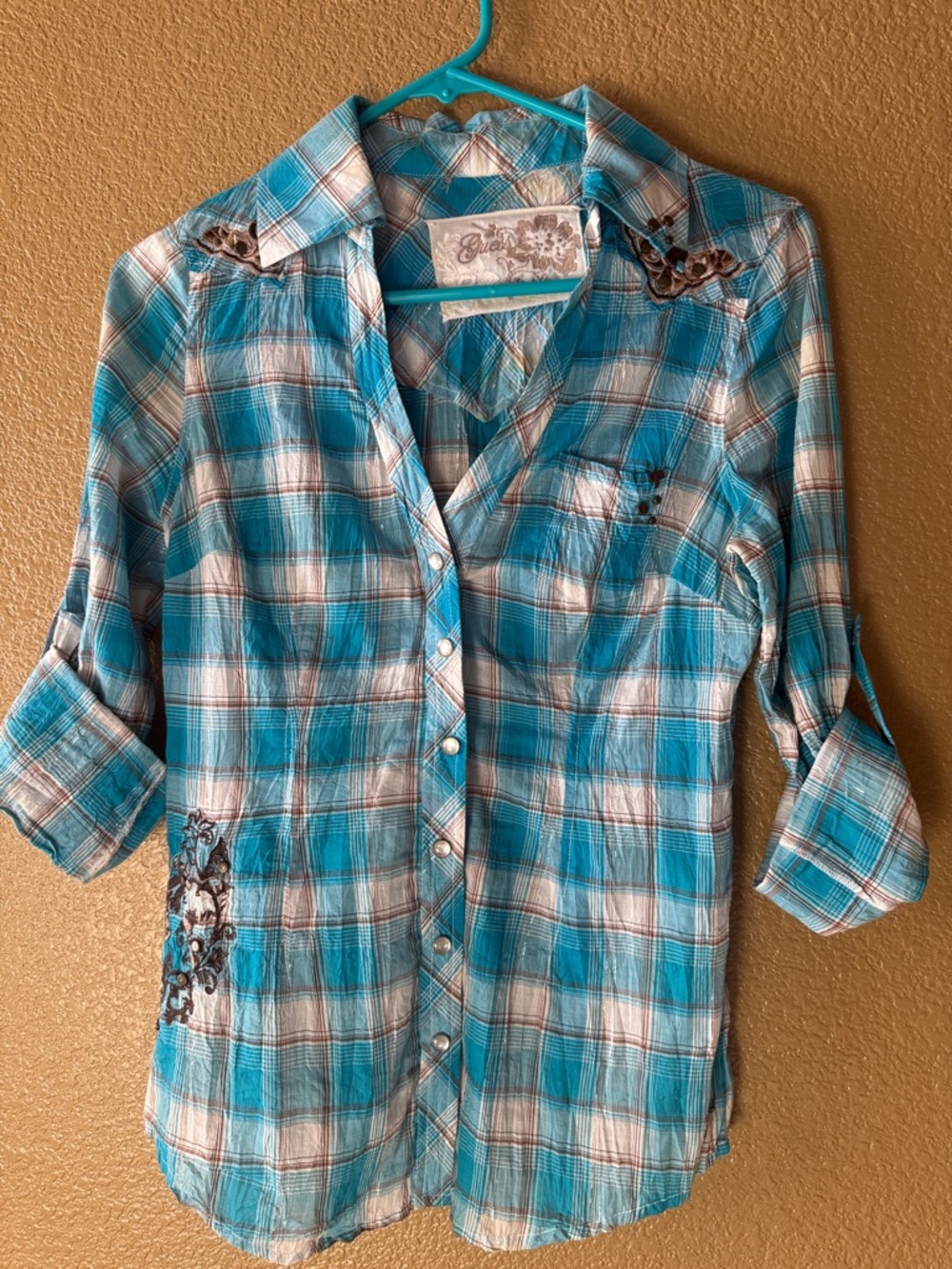 Guess Turquoise Plaid Button-Front Blouse
